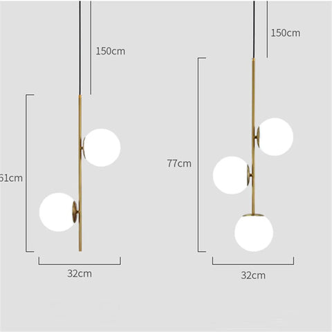 Dope 2 Light Globe Pendant Lighting With White Glass Shades And Brass Gold Metal Accents, dimensions shown