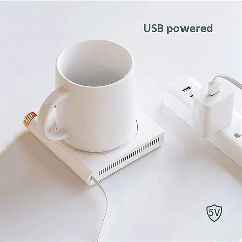 Electric Coffee Mug Warmer For Office Desk With Auto Shut Off Timer Keep Your Brew Piping Hot Straight Up Skip The Microwave Hassle Flat Bottom Cup Heater For Tea Coffee Milk And Quick Sips on a white surface with a USB connection.