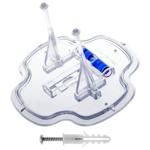 Hella Dope Skateboard Deck Hangers Transparent Floating Display Mount with adhesive strips, pins, O-rings, and screw.