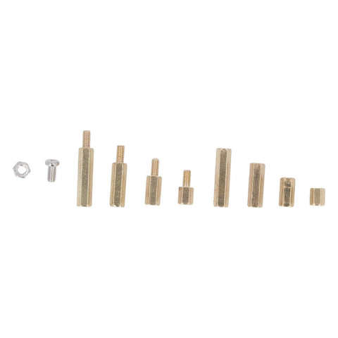 Brass M3 Hex Spacer Kit 120 Pieces Built For DIY Projects And Metalwork Premium Quality Spacers And Nuts Set Oxidation Resistant And Easy To Install Great For Automotive And Industrial Use. Brass M3 spacers and nut set shown on white background