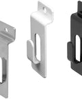 Black Slatwall Notch Hook 5 Pack Metal Picture Hanger for Slatwall and Slat Grid Displays shown in metal, white, black variations.