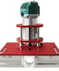 Heavy Duty Router Lift Kit And Flip Plate Insert With Smooth Height Tuning For 65 mm Motor Bodies featuring metal and red accents.