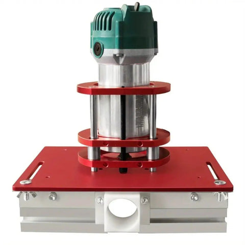 Heavy Duty Router Lift Kit And Flip Plate Insert With Smooth Height Tuning For 65 mm Motor Bodies featuring metal and red accents.