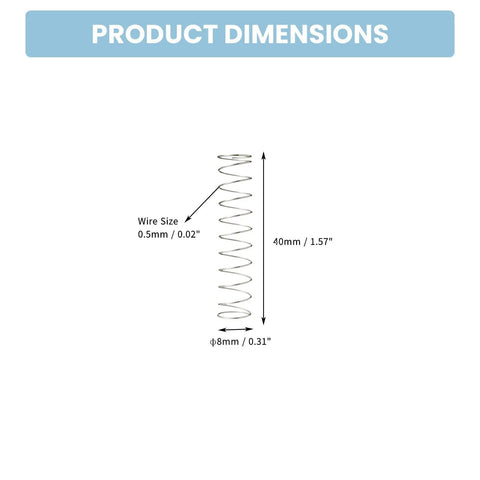Premium 10 Piece Set Of Solid 304 Stainless Steel Compression Springs Featuring Rugged Rust Proof Build For Tough Workshop Jobs and Heavy Outdoor Use With Perfect 8 Mil OD And Tight 0 Dot5 Wire Gauge Plus Super Stable 40mm Length Design That Is Totally. product dimensions image of 40mm spring, 8mm OD, 0.5mm wire