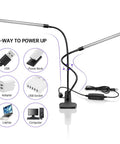 Dual Head UV Light With USB Power, 395nm To 405nm Dimmable Black Light Lamp, Clip On 20W with power options illustration