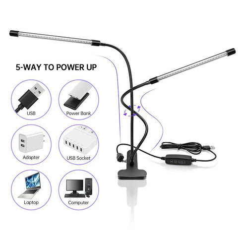 Dual Head UV Light With USB Power, 395nm To 405nm Dimmable Black Light Lamp, Clip On 20W with power options illustration