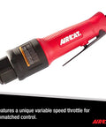 Close-up of Compact Three Eighths Inch Air Ratchet Wrench with 80 Ft Lbs Torque and 200 RPM Ergonomic Grip, red handle detail