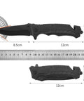 Black Serrated Folding Knife With Dual Edge Design For Outdoor Camping, Fishing And Hunting shown with measurements