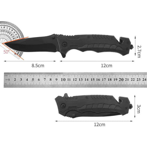 Black Serrated Folding Knife With Dual Edge Design For Outdoor Camping, Fishing And Hunting shown with measurements