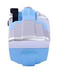 Built Like A Tank Cordless Electric Strapping Gun With Auto Friction Weld Tensioner and Cutter, blue and silver, front view.