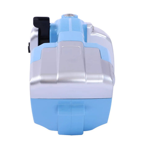 Built Like A Tank Cordless Electric Strapping Gun With Auto Friction Weld Tensioner and Cutter, blue and silver, front view.