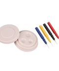 Watch Repair Oiler Kit With Four Plastic Oilers In Four Sizes, multicolor oiler pen needles, and a white oil cup for watchmakers use.
