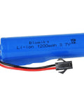 Monster Power 3.7V 1200mAh Li Ion RC Battery Pack close-up with SM2P plug, blue casing, and wires visible