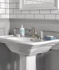 Foundations Centerset Bathroom Faucet Brushed Nickel 1 Handle With Metal Push Pop Drain 4 Inch Centerset Sink Faucet installed