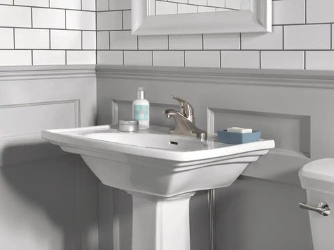 Foundations Centerset Bathroom Faucet Brushed Nickel 1 Handle With Metal Push Pop Drain 4 Inch Centerset Sink Faucet installed