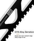 Close-up of Beefy Tungsten Carbide Reciprocating Saw Blade for Demolition and Masonry showing serrated edge and size details.