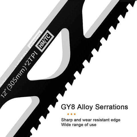 Close-up of Beefy Tungsten Carbide Reciprocating Saw Blade for Demolition and Masonry showing serrated edge and size details.
