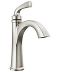 No Fuss Low Flow Brushed Nickel Single Hole Bathroom Faucet For Vanity With Push Pop Drain And Deck Plate Included Fits 1 Or 3 Hole Installations SpotShield Finish Durable Metal Construction showing side angle view