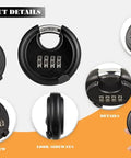 Multiple views of 70mm Weatherproof Disc Padlock with 4 Digit Resettable Combination Built Tough Outdoor Padlock for Garage Fence Shed