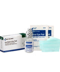 First Aid Only eye wash kit with eyewash bottle, 2 oval eye pad packs, and adhesive strips.
