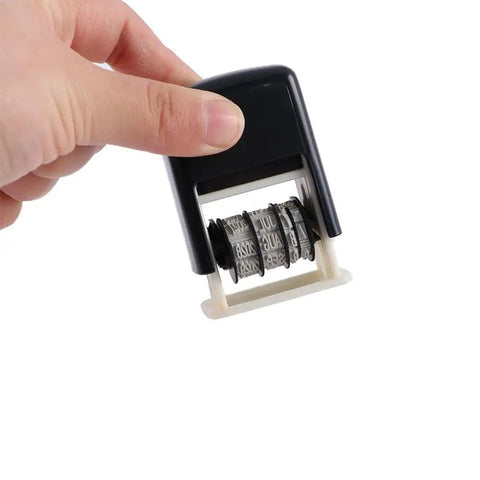 Hand holding the No Sweat Smooth Self Inking Date Roller Stamp With Crisp Adjust Dial, showcasing adjustable date rollers.