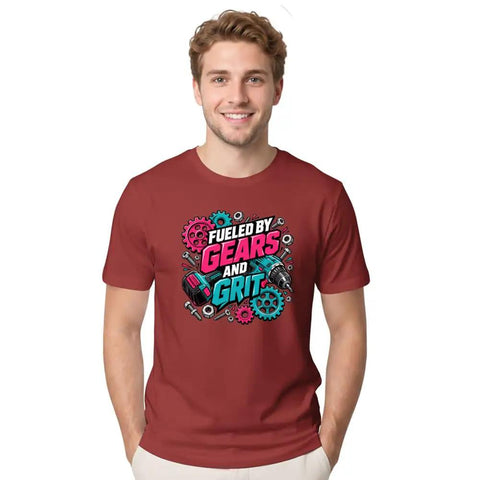 Cool Mechanical Engineer T Shirt With Neon Industrial Gear Art For Workshop Gurus And Garage Tinkerers Who Love Bold Tee Designs And Maker Energy, worn by a smiling man.