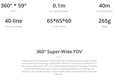 Specifications and features of Mid-360 LiDAR Sensor With 10 Cm Minimum Detection Range For Self-Driving Robots, Compact 3D LiDAR