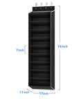 Black over the door shoe organizer rack with deep pockets, 10 tier hanging shoe holder for sneakers and boots, measures 74x17x11 inches.