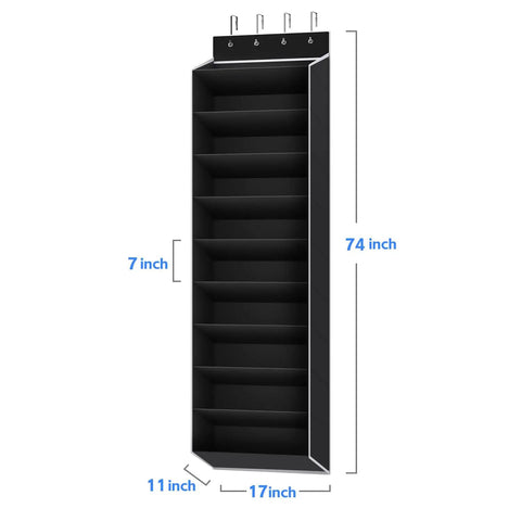Black over the door shoe organizer rack with deep pockets, 10 tier hanging shoe holder for sneakers and boots, measures 74x17x11 inches.