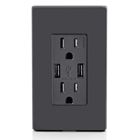 Type A USB In Wall Charger With 15A Tamper Resistant Outlet, Dual USB Ports Deliver 3.6A Smart Charging For Smartphones, Black Finish