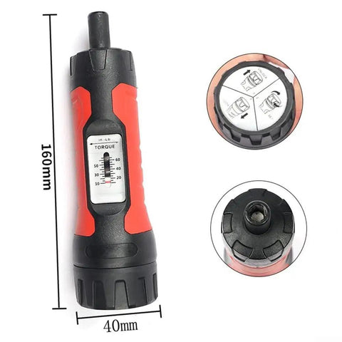 Premium 1/4 Inch Drive Preset Torque Screwdriver Set Adjustable 10-65 In-Lbs Click, showing 160mm length, torque scale and drive head.