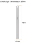 Front view of Mn steel feeler gauge blade with top hole, 0.20 mm thick, 150 mm long, 12.7 mm wide