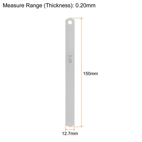 Front view of Mn steel feeler gauge blade with top hole, 0.20 mm thick, 150 mm long, 12.7 mm wide