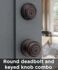 Juno Entry Door Knob And Deadbolt Combo With SmartKey Rekey Technology Venetian Bronze Finish on door, interior view