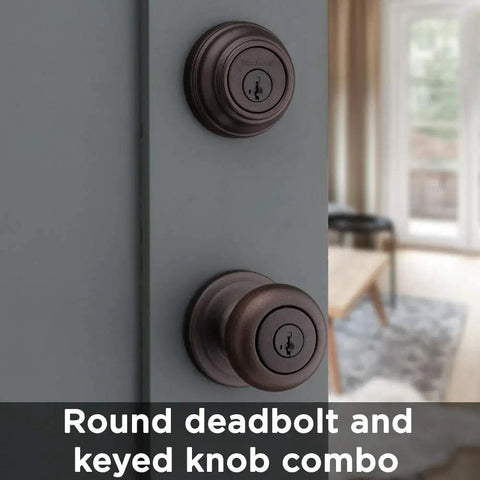 Juno Entry Door Knob And Deadbolt Combo With SmartKey Rekey Technology Venetian Bronze Finish on door, interior view