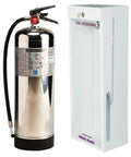 Rock Solid Stainless Steel Water Fire Extinguisher Two Five Gallon Refillable Class A Rated with quick mount cabinet.