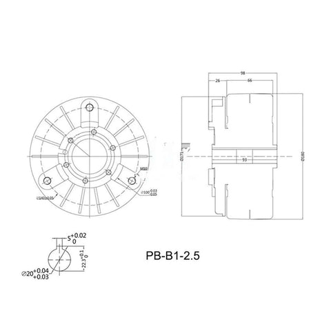 Technical drawing of External Rotating Magnetic Powder Brake 2.5 Kg Capacity 25 Nm Torque DC 24V Drive PB B1 Type