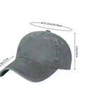 Unisex Distressed Washed Trucker Hat Light Gray Adjustable One Size Sun Protective Outdoor Cap with size dimensions illustrated.