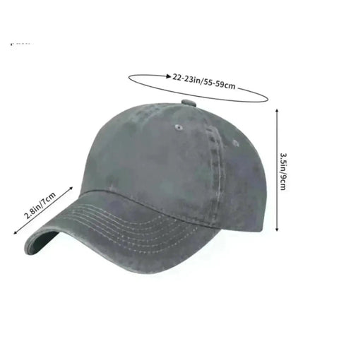 Unisex Distressed Washed Trucker Hat Light Gray Adjustable One Size Sun Protective Outdoor Cap with size dimensions illustrated.