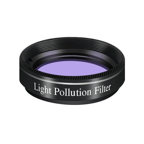 1.25 Inch Light Pollution Filter for Telescope with metal cell and optical glass, showing purple-tinted lens and black frame