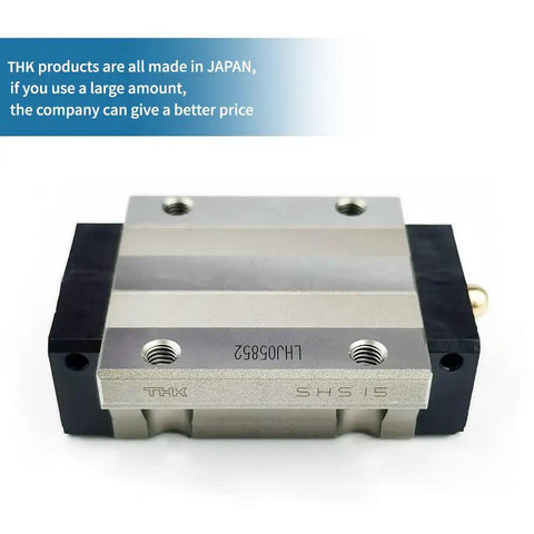 SHS15C Linear Block Guide Slider and SHS15LC Extended Size metal rail, front view, made in Japan by THK, durable and precise.