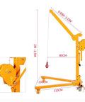 Rock Solid Portable Foldable Hand Crane With Heavy Duty Steel Wheels, smooth engine stand, lifting tool size dimensions shown.