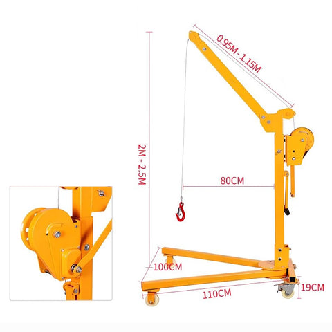 Rock Solid Portable Foldable Hand Crane With Heavy Duty Steel Wheels, smooth engine stand, lifting tool size dimensions shown.