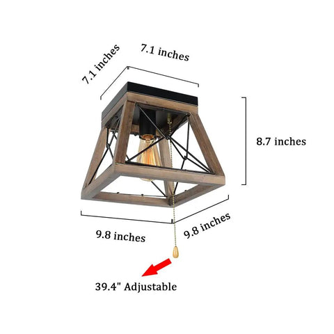 Rustic Wood Farmhouse Ceiling Light With Pull Chain 1 Light Small Square Black Flush Mount For Hallway Closet Laundry Room Edison E26 Compatible Country Style Indoor Lighting