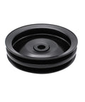 Saginaw Style Double Groove Power Steering Pump Pulley Kit With Five Eighth Inch Keyway Shaft For Small Block Chevy And Big Block Chevy V Belt Compatible 350 454 GM Pontiac Buick, front view of black double-groove pulley.