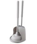 2 In 1 Toilet Plunger And Brush Set With Holder, Must Have Compact Bathroom Cleaning Tool, Durable Toilet Bowl Brush And Plunger Combo In Grey, Space Saving Design For Neat And Quick Cleanups standing upright in holder