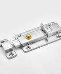 Door Latch for Gates Stainless Steel Spring Loaded Safety Lock with gold accent and screw holes for installation.