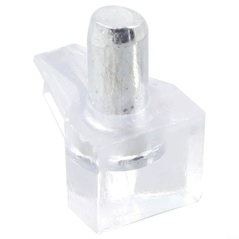 Close-up of a metal pin in a clear plastic bracket from Clear Shelf Pins Kit With Metal Pins For Cabinets And Wood Shelves Low Profile Transparent