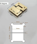Gold stainless steel glass fixed clamp with measurements for 8-12mm glass, bathroom hinge mount, up to 60Kg support