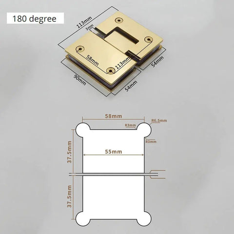 Gold stainless steel glass fixed clamp with measurements for 8-12mm glass, bathroom hinge mount, up to 60Kg support